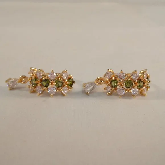 18K Yellow Gold Filled Olive Green Diamond Zircon Hoop Dangle Earrings - Picture 4 of 7